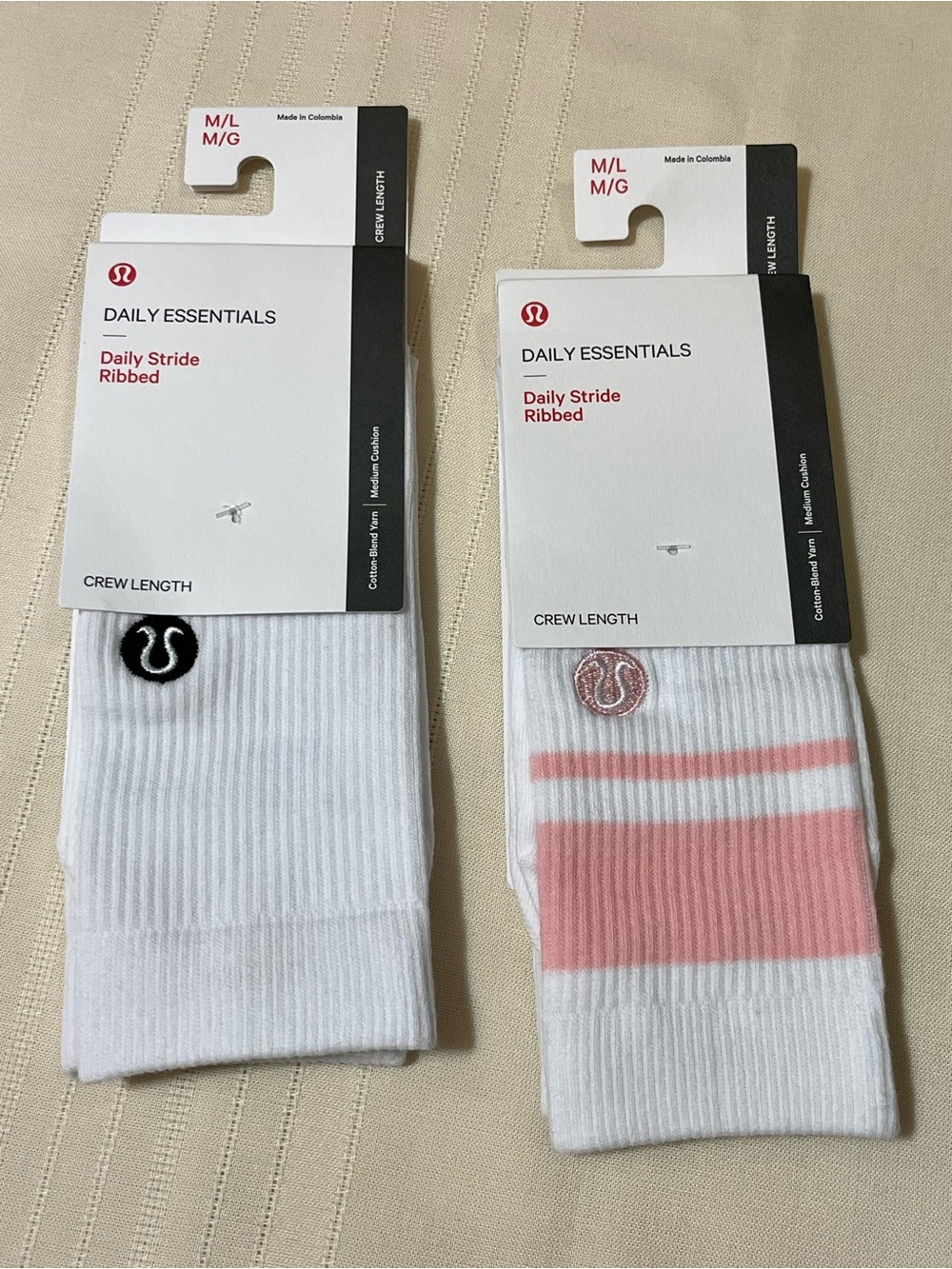 lululemon Daily Stride Ribbed Socks 
White w Pink Stripes and Black Logo